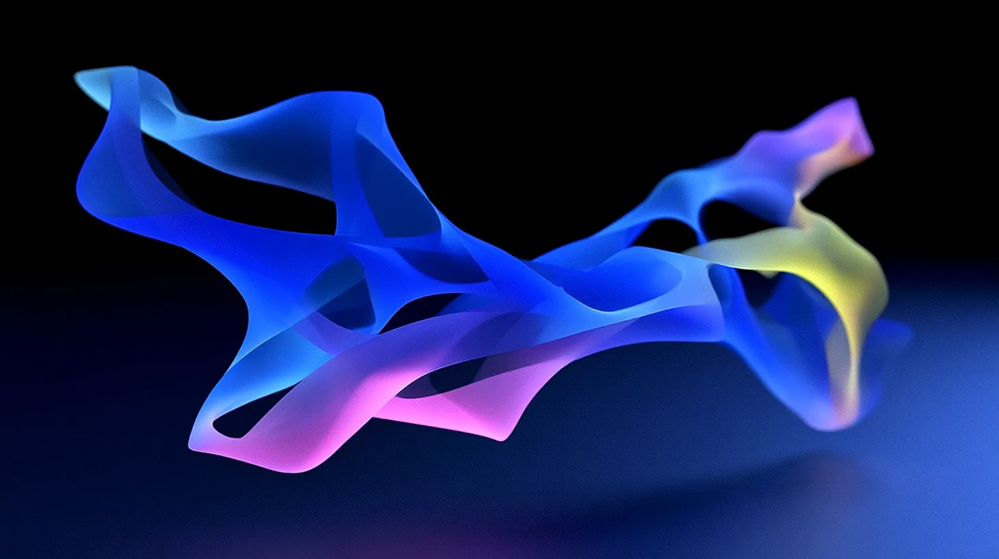 Abstract brand illustration — a flowing translucent ribbon in blue and pink