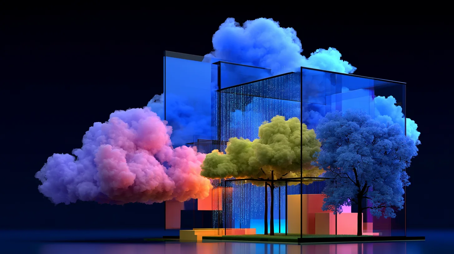 Abstract brand illustration — a glass structure holding coloured cloud and trees