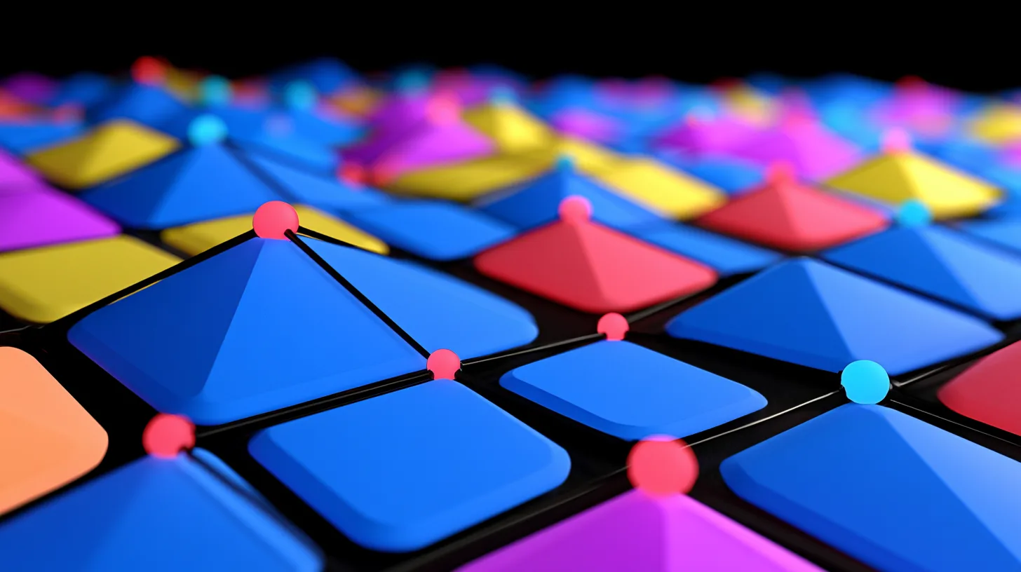 Abstract brand illustration — a connected grid of coloured tiles and nodes