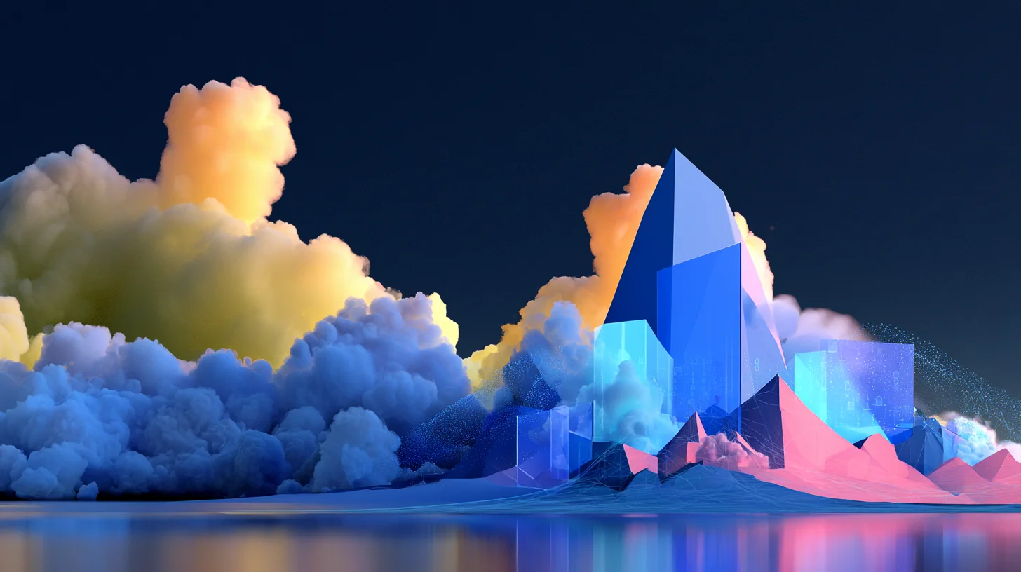 Abstract illustration of cloud infrastructure — layered glass forms rising out of coloured cloud