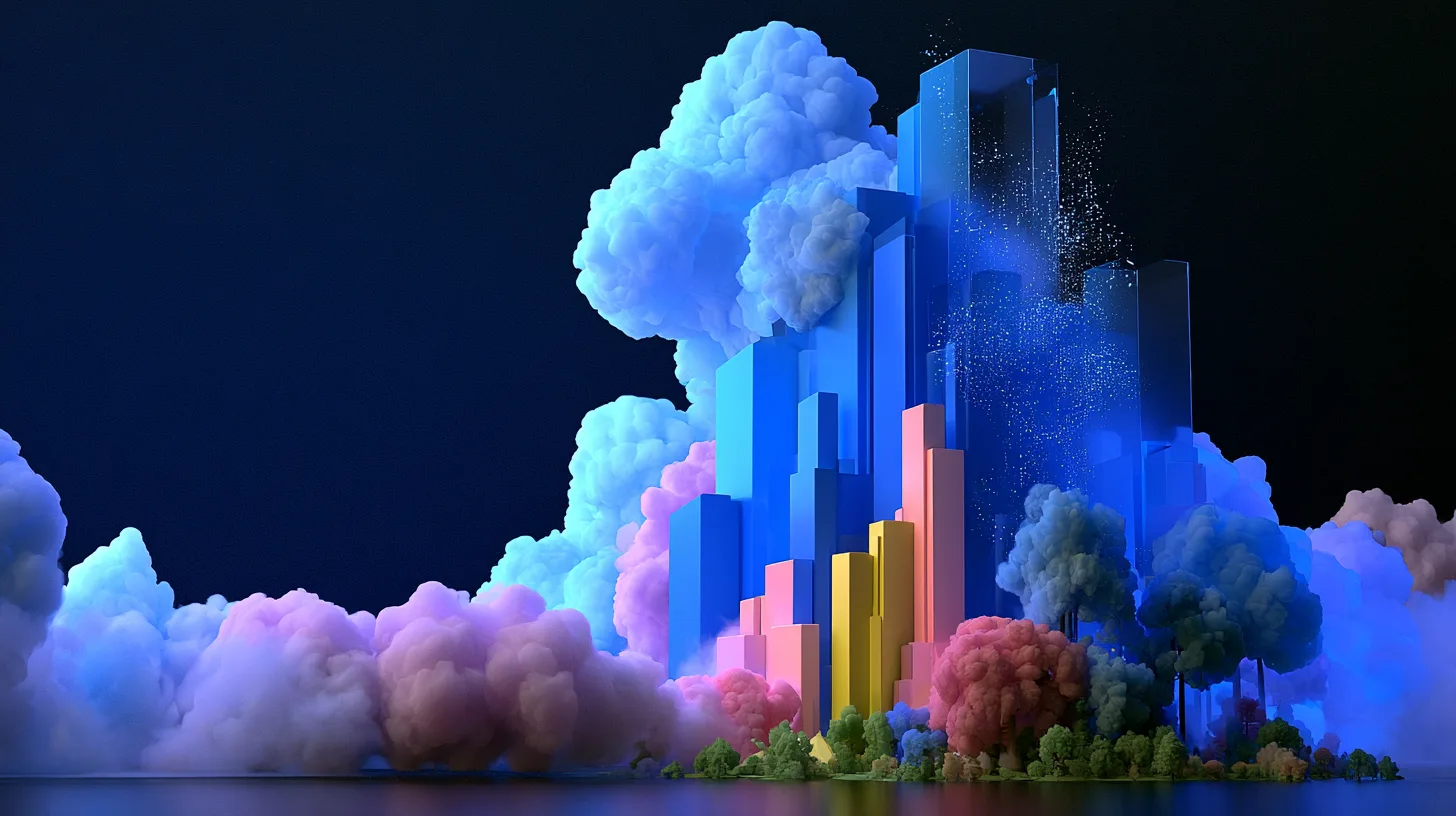 Abstract illustration — a cluster of glass towers wrapped in coloured cloud
